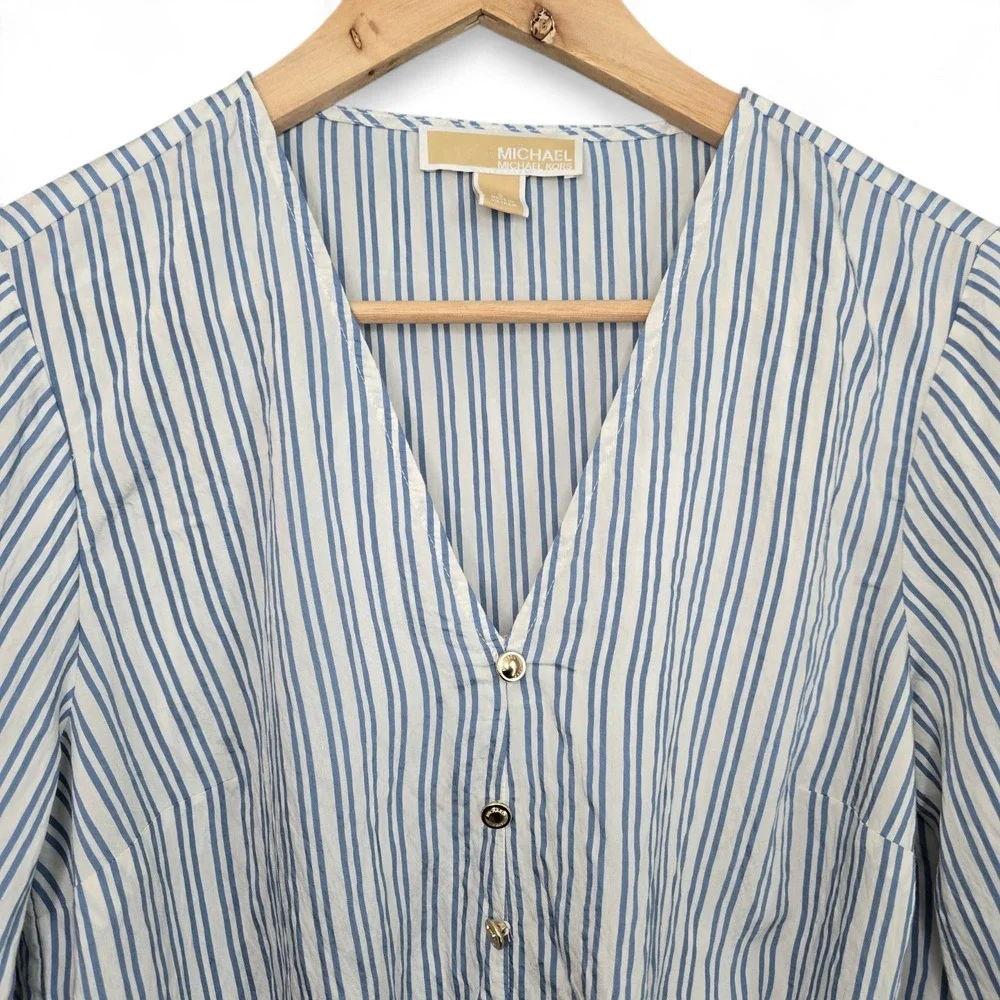 Michael Kors Top Womens Small Blue Striped Semi Sheer Crop Waist Tie Long Sleeve